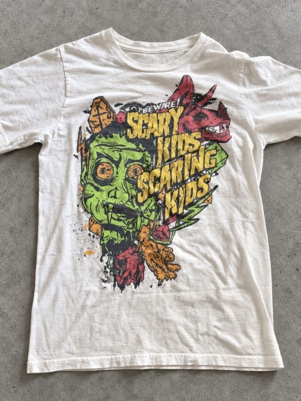 Gildan White Short-Sleeve Tee with Green & Yellow Monster Graphic